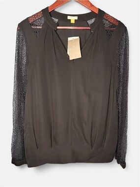 NWT Anthropologie leifsdottir Black Silk Lace-Sleeve Sheer V-Neck Top | Size 10